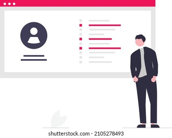 Illustration Of A Man Looking For A Job Updating His Resume On An App Or Webstie. Vector Illustration