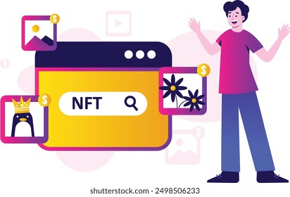 illustration of a man looking for NFT, vector illustration of NFT token sale technology for cryptocurrency. vector flat design concept