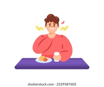 illustration of a man looking in pain while drinking water. symptoms of Dysphagia. sore throat when eating. difficulty swallowing food, drink, or saliva. health problems. flat style character design