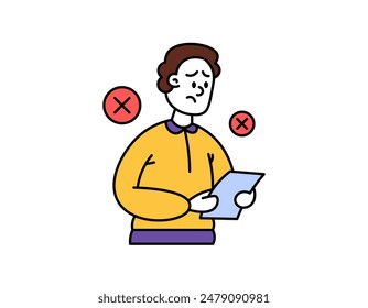 illustration of a man looking sad because his work was wrong. failed to complete the task. gloomy and disappointed. man holding a piece of paper with a cross. character design. outline style