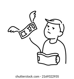 Illustration of a man looking sadly at the money that runs out of his wallet (white background, vector, cut out)