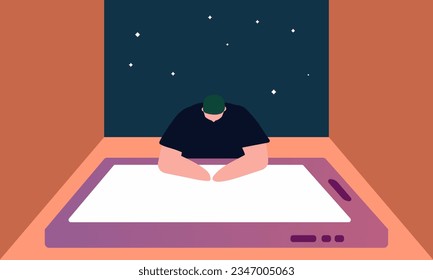 An illustration of a man looking at a smartphone.