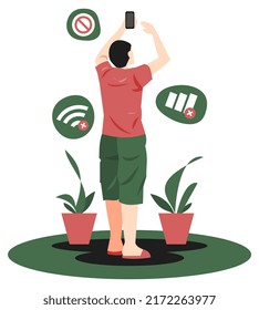 illustration of a man looking for a smartphone signal. includes network icon, wifi icon, missing icon and ornamental plant. suitable for technology, problem, business, etc. themes. flat vector