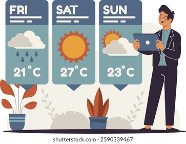 illustration of a man looking at the weather forecast with his tablet. weather-themed vector illustration with an interesting visual concept with a flat illustration design.