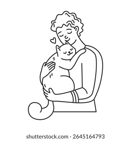 Ilustração de um homem abraçando carinhosamente um gato. Ambos estão contentes e felizes. Estilo de arte de linha simples com um símbolo de coração. Representa cuidado e companhia.