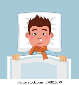 Illustration of a man lying in bed and feeling unwell. Man got sick, catch a cold, flu, influenza. Flat style vector illustration