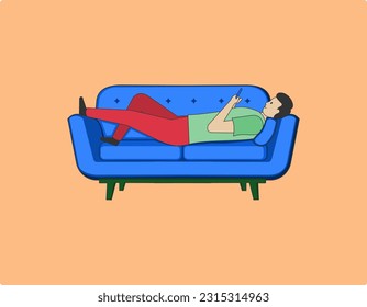 Ilustración de un hombre tendido sobre un sofá naranja, envuelto en su smartphone. reproducción de smartphone. mal comportamiento. Diseño plano 