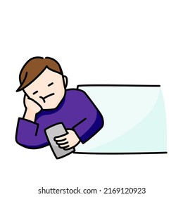 Illustration Of A Man Lying Down And Playing With His Smartphone (white Background, Vector, Cut Out)