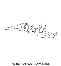 Illustration of man lying down relaxing holding smartphone line art illustration hand drawn graphic