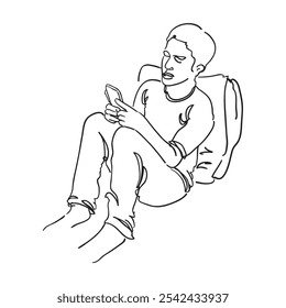 Illustration of man lying down relaxing holding smartphone line art illustration hand drawn graphic