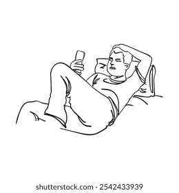Illustration des Menschen liegend entspannend halten Smartphone Linie Kunst Illustration handgezeichnet Grafik