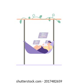 illustration of a man lying in a hammock while using or watching something on a tablet. relaxed work concept, work outside, rest while working. vacation or recreation. flat cartoon style. vector