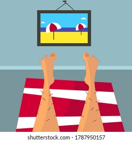 An illustration of a man lying in the middle of his apartment on a striped red and white blanket, looking on the picture of a beach on the wall. Wishing for vacation. Travel ban. Vector illustration.