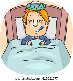 Illustration of a Man Lying Sick in Bed