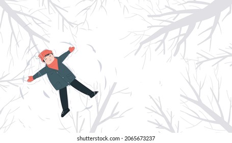 Illustration of a man lying in a snowy forest and enjoying winter