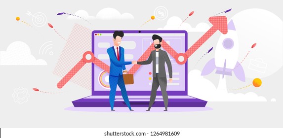 Illustration Man Made Deal with Financial Broker. Vector Screen Laptop Monitor Incremental Profit Growth. Increase Dividend. Online Job Trading Market. Purchase Shares Company. Rocket Taking off