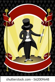 Illustration of a Man in a Magician Costume Framed by a Pair of Red Ribbons