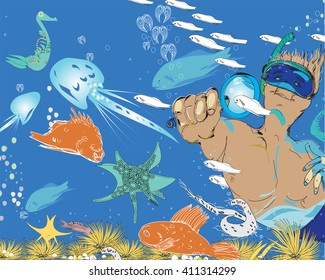 Illustration of a man with a magnifying glass in his hand looking at sea life under the water, concept of going for vacation