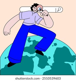 Ilustração de um homem com uma lente de aumento em cima de um globo e uma barra de pesquisa, arte.