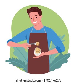 Illustration of a man making Dalgona Coffee and smiling happily.  Dalgona Coffee is a popular drink originating from Korea.