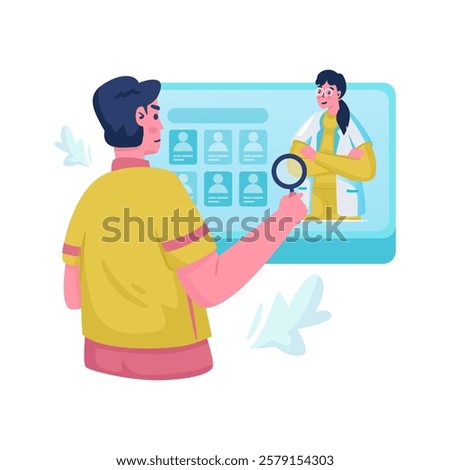 Illustration of a man making a doctor appointment, Search doctor schedule, Online doctor consultation concept, Vector illustration