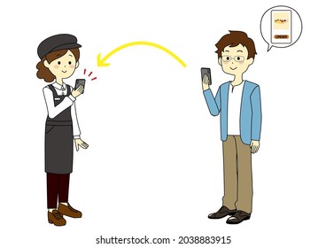 Ilustración de un hombre haciendo un pedido móvil con su teléfono
