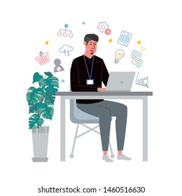 Illustration of a man making a personal computer towards a desk