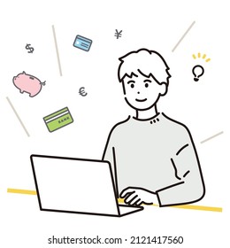 Illustration of man managing money on laptop. Vector.