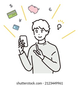 Illustration of man managing money with smartphone. Vector.