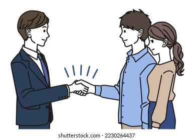 Illustration of man and a married couple shaking hands