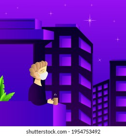 Illustration of a man in mask drinking coffee with a view of the city