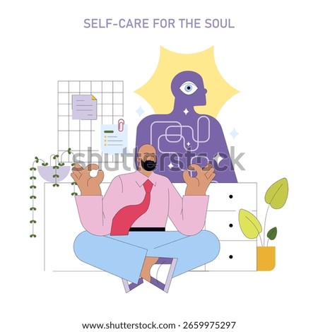 Illustration of a man meditating in an office setting, symbolizing self-care for the soul. The image features a serene expression, surrounded by plants and paperwork.