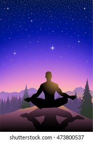 Illustration of a man meditating on the mountain