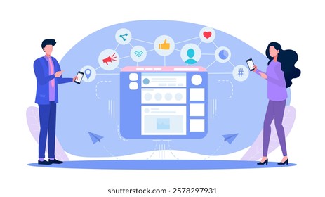 Illustration of a man with a megaphone emerging from a laptop, surrounded by social media icons, on a white background. Concept of online marketing. Vector illustration