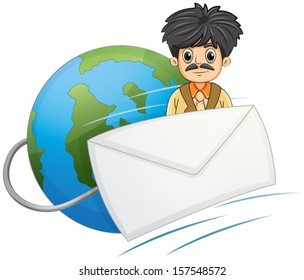 Illustration of a man in the middle of the globe and the envelope on a white background