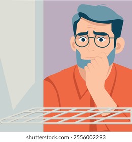 Illustration of a man in a modern minimalist style standing in front of an open empty refrigerator. Bright color palette and flat design. Use in articles about nutrition, hunger and emotional state. F