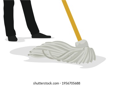 Illustration of man mopping the floor using a traditional mop. Vector flat illustration