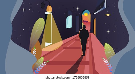 Illustration, der Mensch motiviert, in der Zukunft zu gehen. abgelegen, andere Straße, bleiben zu Hause. Frühling bis Sommer, Himmel und Universum. raus nach Hause. Coronavirus - covid 19 Sonnenuntergang