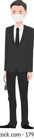 Illustration of a man in a mourning dress wearing a mask.