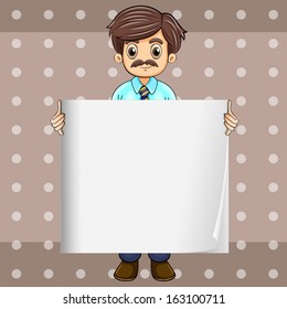 Illustration of a man with a mustache holding an empty board