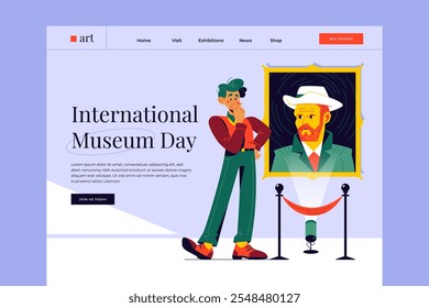 Illustration of a man observing a portrait in a museum setting, promoting International Museum Day. The man is thoughtfully looking at a framed painting of a bearded figure wearing a hat.