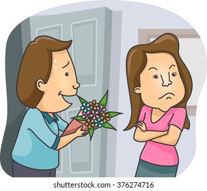 Illustration Of A Man Offering A Bouquet Of Flowers As An Apology