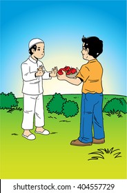 An illustration of a man offering food to a muslim friend