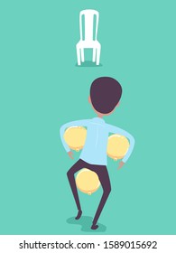 Illustration of a Man in Office Attire Holding Balloons Under Arms and in Between Legs and Running Towards a Chair for a Balloon Race