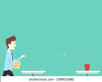 Illustration of a Man in Office Attire Playing Office Game by Bouncing Ping Pong Balls on Table to Land Inside the Red Cup