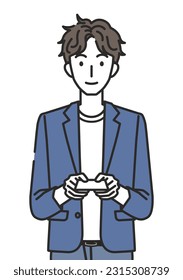 Illustration of A man in an office casual outfit handing a business card