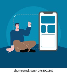 illustration of a man on a call with a work friend while working from home discussing the UIux smartphone