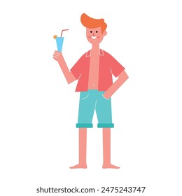 illustration of a man on holiday at the beach, a character holding a drink, flat design style