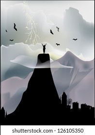 illustration with man on mountain summit