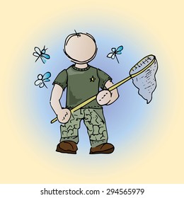 Illustration of man on vacation. A student on vacation. Catches the Butterflies.